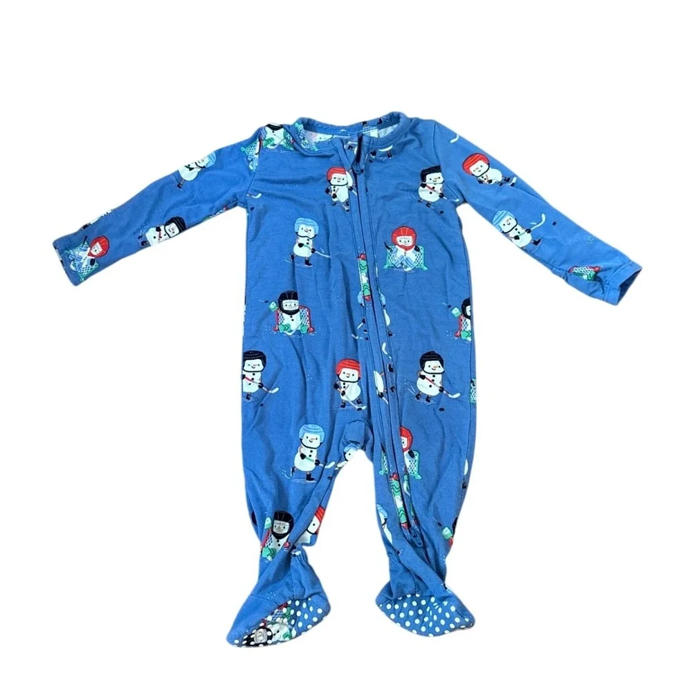 Angel Dear Footie Sleeper Kids Blue Hockey Snowman Bamboo Pajamas SIZE 0-3M
